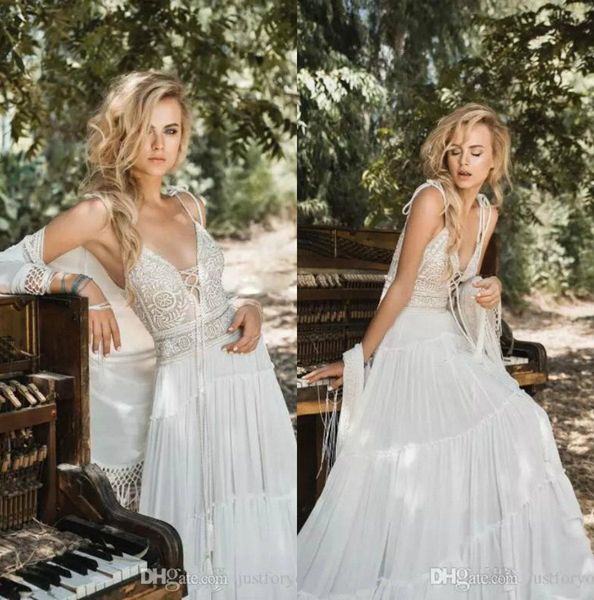 

2019 inbal raviv чешские пляжные свадебные платья с пуховиком модест спагетти винтаж крючком кружева шифон свадебные платья дешевые, White