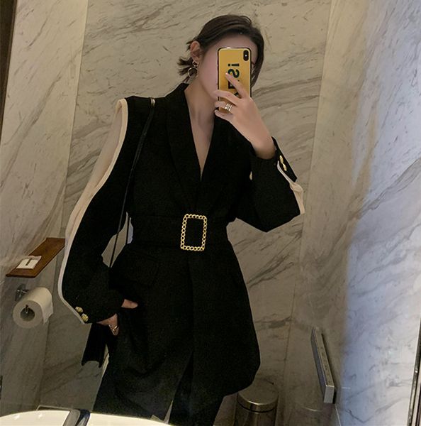 

2019 new high-quality belt long blazer women outerwear autumn women's blazers ladies lady office girl coat female, Black;brown