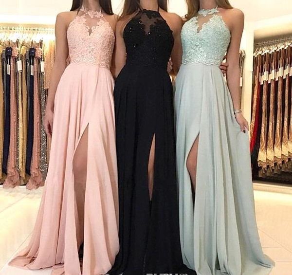 

2019 elegant halter chiffon long bridesmaid dresses side slit lace applique bodice chiffon wedding guest dress maid of honor dresses, White;pink
