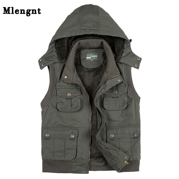 

fleece hoodie multi pocket men vest for winter autun male thick warm parka travel khaki sleeveless waistcoat with many pockets, Black;white