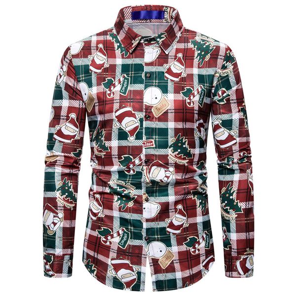 

long sleeve plaid shirt men santa claus christmas tree print chemise homme manche longue 2019 new men's funny christmas shirts, White;black