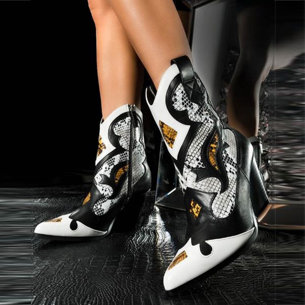 

2019 autumn new retro pu leather ankle woman pointed toe microfiber mixed color low heel women cowboy boots femme mx200324, Black