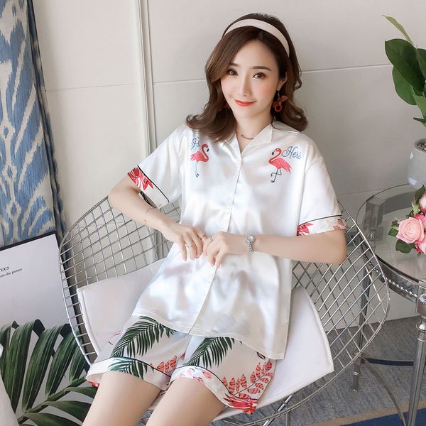 

summer short sleeve pajamas silk set 2 pcs set women sleepwear nightwear female elegant cartoon print sleepwear short pants, Blue;gray