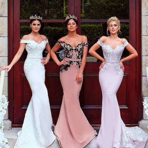 

stunning mermaid country bridesmaids dresses off the shoulder lace appliqued wedding guest dress sweep train maid of honor gowns, White;pink