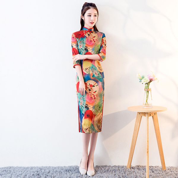 

knee length cheongsam vintage chinese mandarin collar dress 2019 new womens summer rayon qipao slim party dresses vestido s-3xl, Red