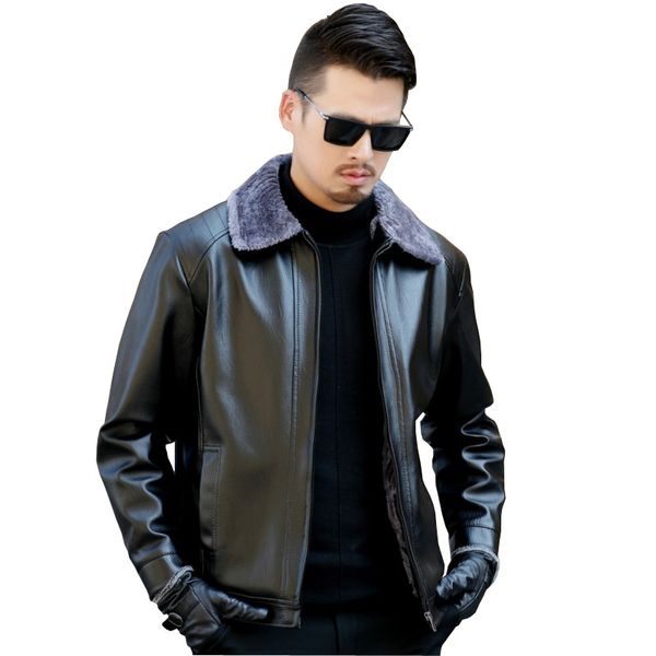 

men leather jacket fashion brand quality fleece lined motorcycle bomber faux leather coats male outerwear winter jacket, Black