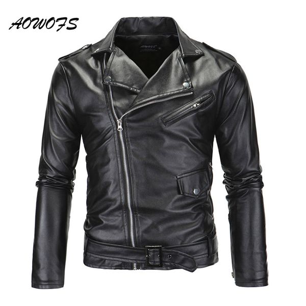 Aowofs Erkek Deri Ceket Slim Fit Motosiklet Ceketler Erkekler Fermuar Hafif Punk Deri Ceketler Erkekler Faux Mont Beyaz