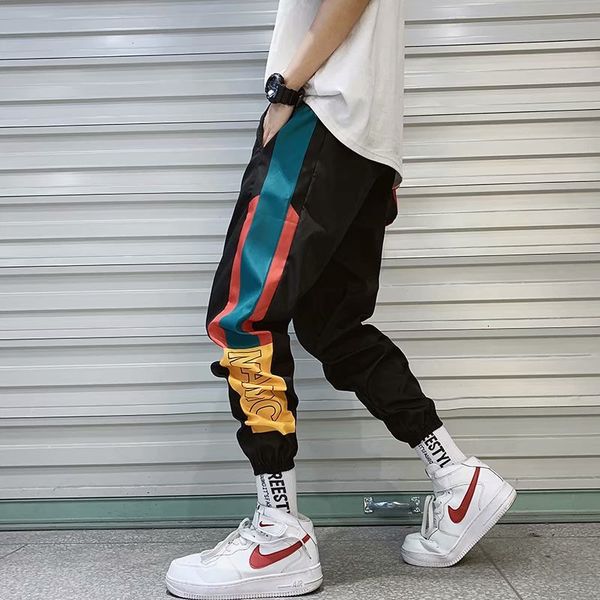 

hip hop streetwear men's splice joggers pants fashion men casual cargo pant trousers high street elastic waist harem pant men, Black