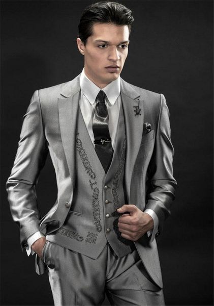 Bordados Groomsmen Notch lapela do noivo smoking brilhante Grey Men ternos de casamento / Prom / Jantar melhor homem Blazer (jaqueta + calça + gravata + Vest) K207
