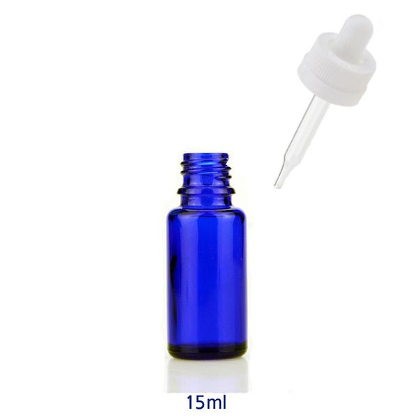 EUA REINO UNIDO Venda Quente 15 ml Azul Vazio Garrafas De Vidro Gropper Pequeno Aromaterapia Recipientes De Garrafas De Óleo Essencial Com Preto Branco Tampas Da prova Da Criança