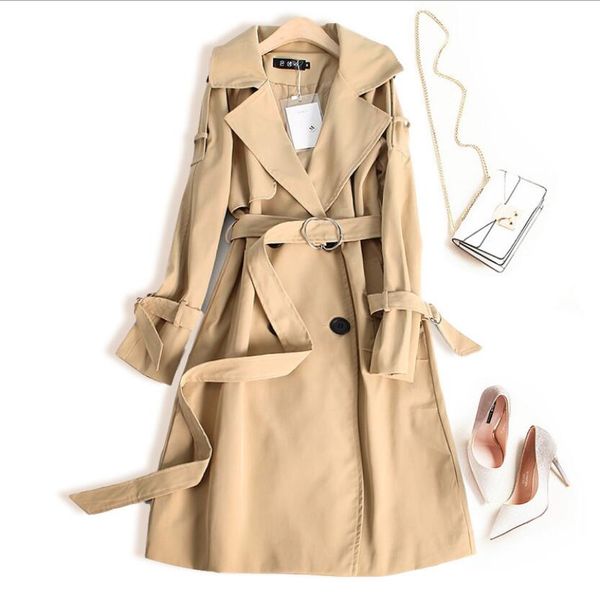 

khaki trench coat casual women's long outerwear loose clothes for lady with belt spring autumn fashion black beige, Tan;black