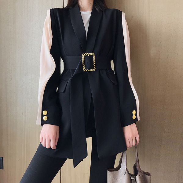

2019 new fashion elegant women's blazer patchwork long sleeve tunic with belt waisted autumn long female blazers, White;black