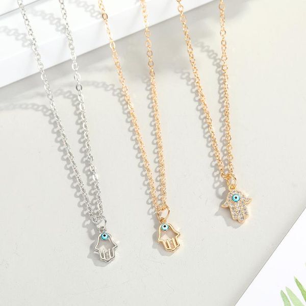 

dayoff 1pc cut fatima hand crystal necklace for womens jewelry metal rhinestone evil eye necklaces clavicle chain n698-10, Silver