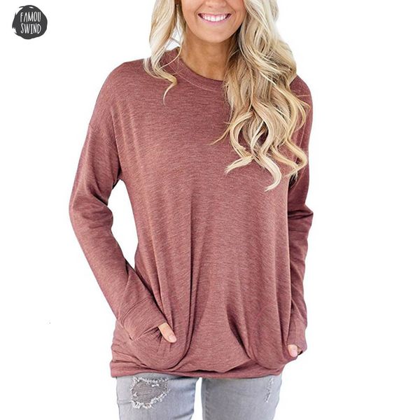 

women pocket summer fashion long sleeve shirt ladies round neck pocket loose casual tee shirts solid top, White