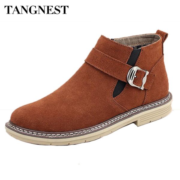 

tangnest autumn winter boots for men casual suede leather ankle boots warn fur inside rubber boot cowboy shoes xmx880, Black