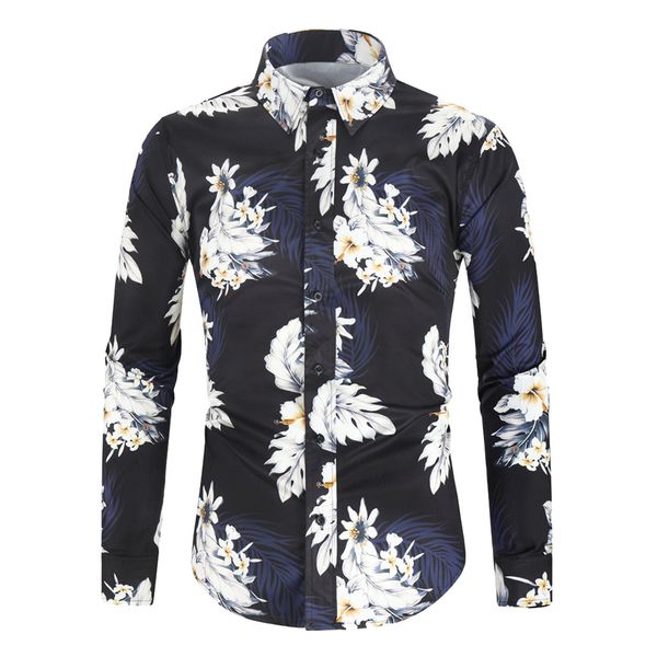 

men shirt autumn winter casual turn-down collar button print long sleeve camisa social masculina camisa hawaiana hombre, White;black
