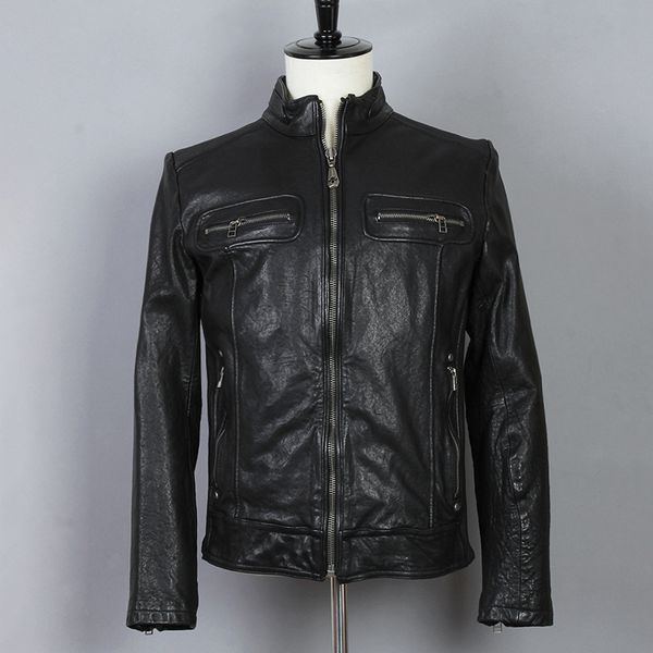 

2020 fashion men's genuine jacket vegetable tanned sheepskin leather coat casual simple collar locomotive clothing male, Black