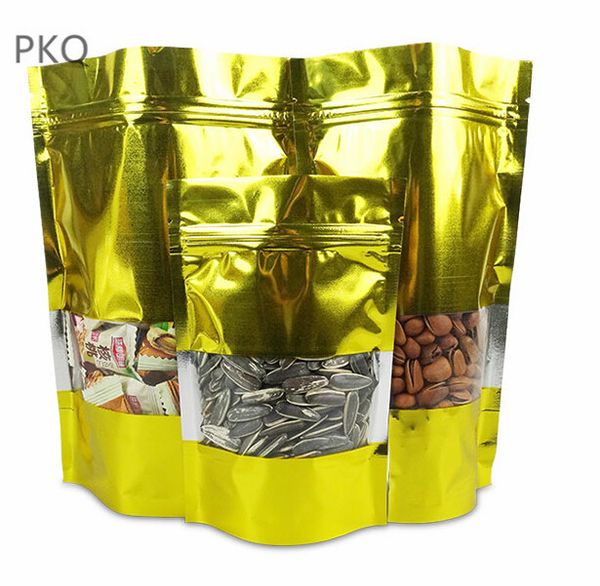 

50pcs gold aluminum foil pouch with clear window large stand up packaging bag for party wedding gift bag 6 sizes