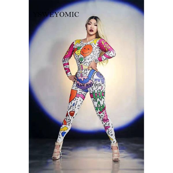 

colorful cartoon doodle jumpsuit outfit female singer performance party wear dance stage costume bodysuit prom show leggings, Black;red