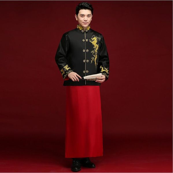 

chinese wedding groom black red gown robe fashion new summer men's wedding gown dragon embroidery groom ken chu same item kimono show