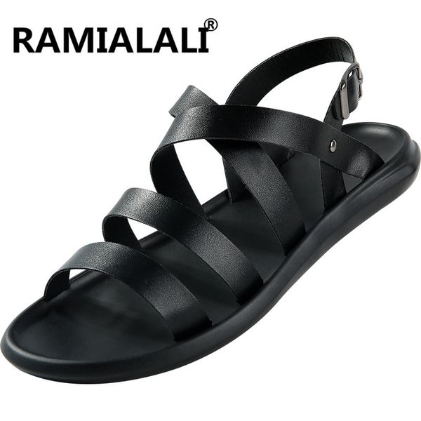

ramialali men sandals casual summer beach leather ankle strap cross-tied gladiator shoes roman men sandals sandalias hombre, Black