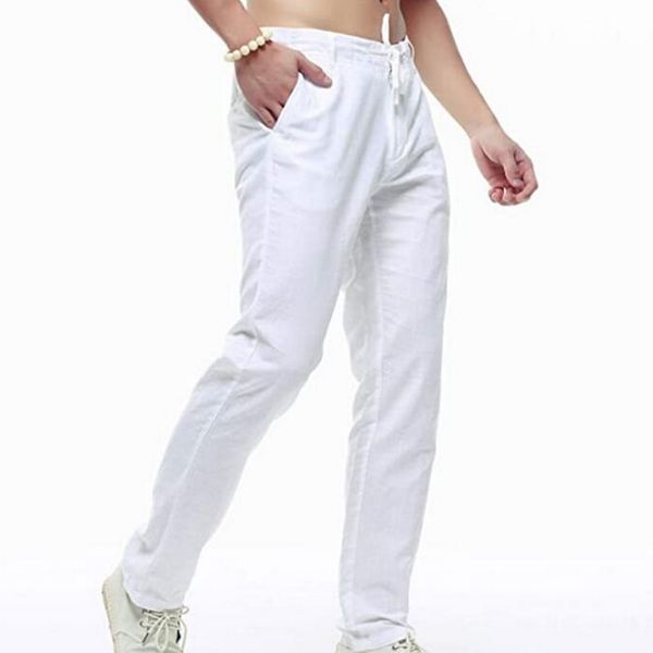 

cotton linen pants men's summer casual solid color pants trousers white elastic waist drawstring straight beach home wear, Black