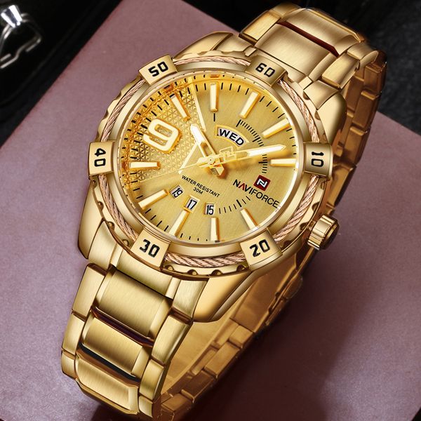

naviforce mens sport watch gold full steel quartz watches men date waterproof clock man relogio masculino, Slivery;brown