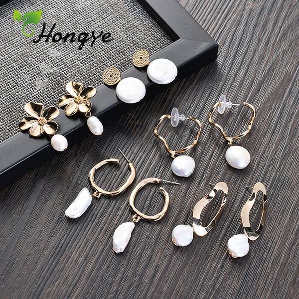 

hongye pearl drop earrings fashion jewelry quality alloy made women baroque freshwater pearl girls stylish big dangling brinco, Golden;silver