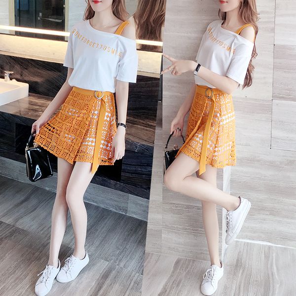

casual set female 2019 women's wear summer new korean edition small fresh shoulder lace skirt two set 2 piece outfits women, White
