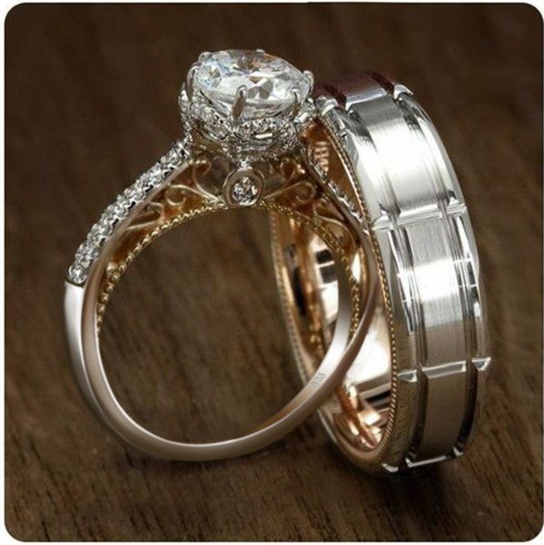 

2019 new arrival couple rings luxury jewelry 925 sterling silver round cut white z cz diamond party women wedding band ring for men gift, Slivery;golden