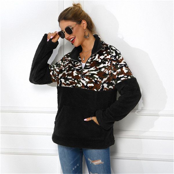 

womens designer hoodies leopard panelled autumn and winter casual plush long sleeved stand collar pullover sweatshirts fashion women hoodies, Black