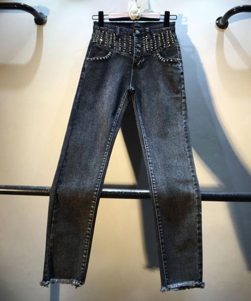 

серый черный джинсы женщина весна осень новый тяжелой промышленности алмазный бисера однобортный высокой талией джинсовые брюки стрейч джинс, Blue