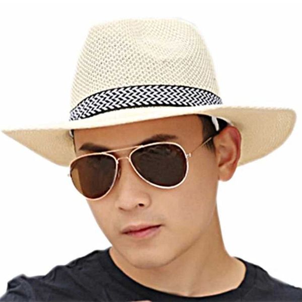 

men summer beach straw sun hat ethnic vintage extra large wide brim jazz bucket cap hollow out twill knitted ribbon beach, Blue;gray