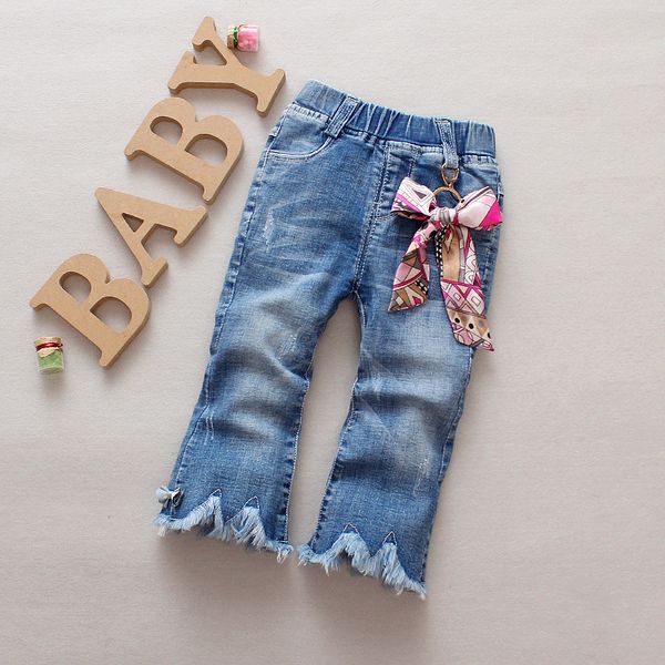 

girls jeans 2019 autumn fashion girls sand washed jeans princess wild pants, Blue