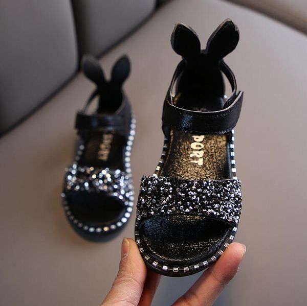 

2020 summer girl sandals fashion bling shiny rhinestone toddler girls shoes with ear kids flat sandals children eu 21-36, Black;red