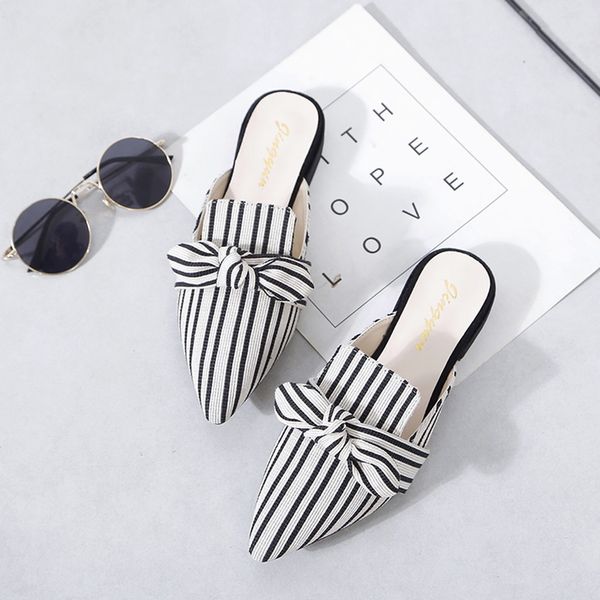 

elegant ladies striped bowknot party chic shoes slippers women's fashion girls retro vintage butterfly-knot slipper casual shoes, Black