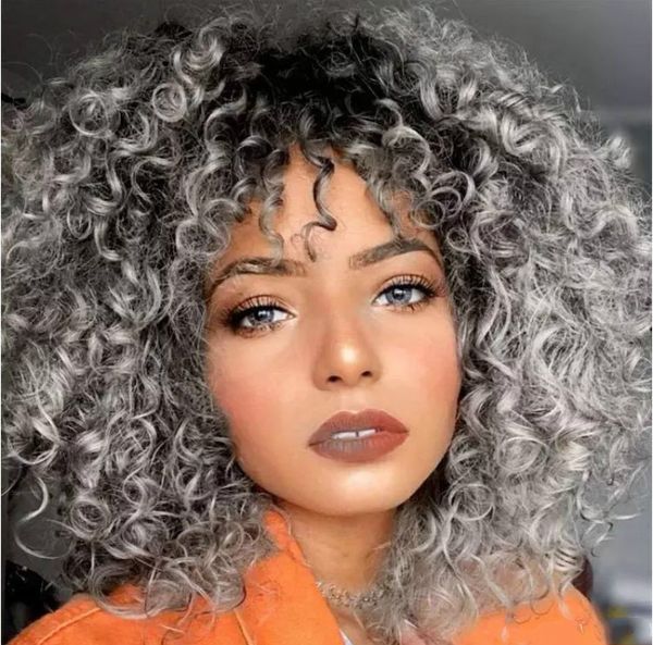 

african small curly wig wild-curl up black grandma grey 30 cm long with high-grade rose intranet