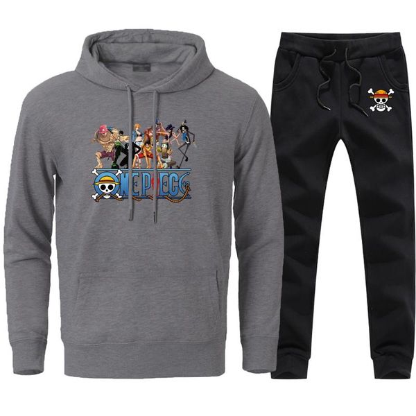 

one piece luffy the priate hat print hoodies pants set 2020 autumn winter fleece streetwear tracksuits sell 2 pieces suits, Black