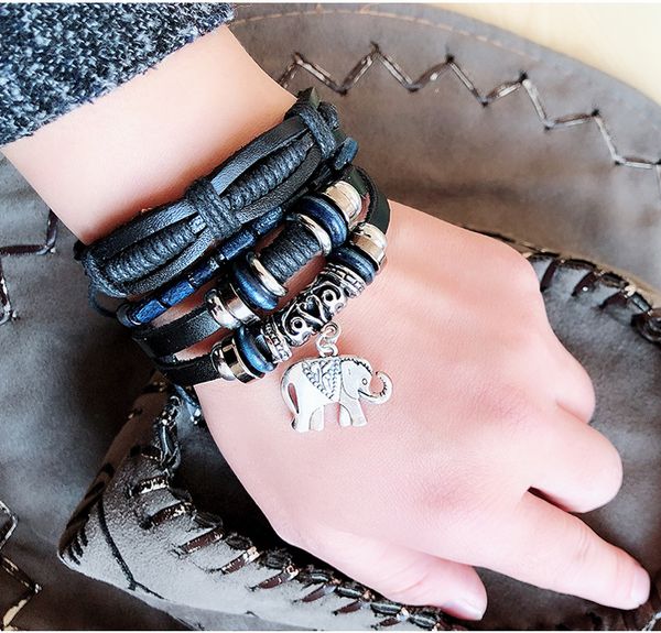 

beaded, strands european and american punk style vibrato men's elephant pendant leather rope bracelet, Black