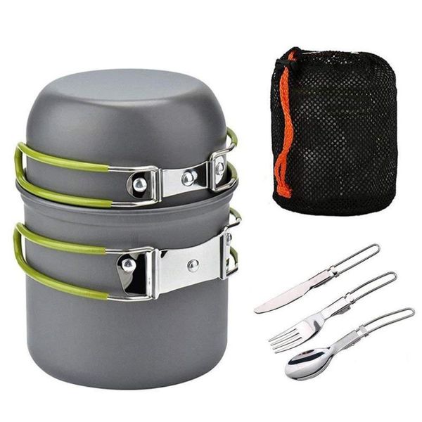 

outdoor camping hiking picnic bbq portable drainage easy to clean pot set cookware with green handgrip for survival in wild