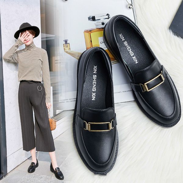 

2020 new women flat shoes round toe lace-up oxford shoes woman genuine leather brogue women platform loafers, Black
