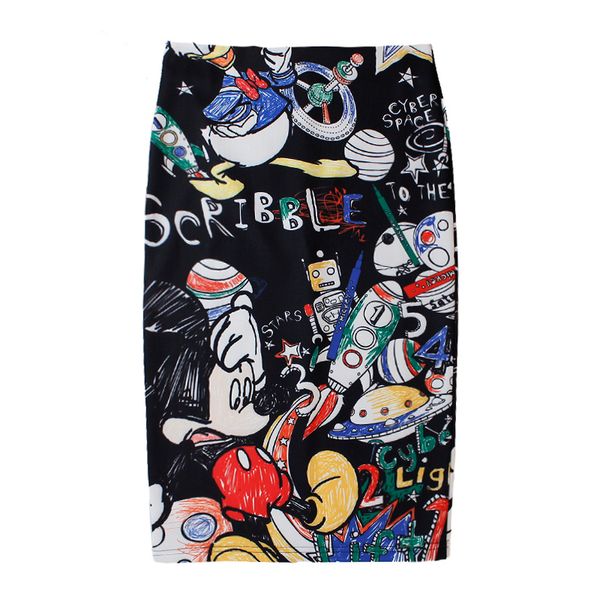 

women's pencil skirt summer graffiti 2020 new cartoon mouse print high waist slim skirts young girl plus size female falda ls600, Black;gray