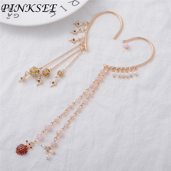 

1pc chic ear hook jewelry ball crown crystal shining earrings star long chain gold color fake earring helix piercing, Golden;silver