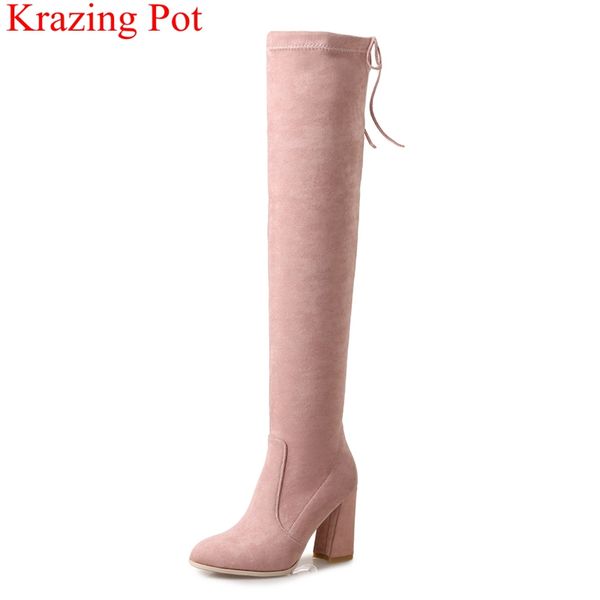 

2018 new arrival round toe flock over-the-knee boots elegant square heel thigh high boots nightclub keep warm winter shoes l35, Black