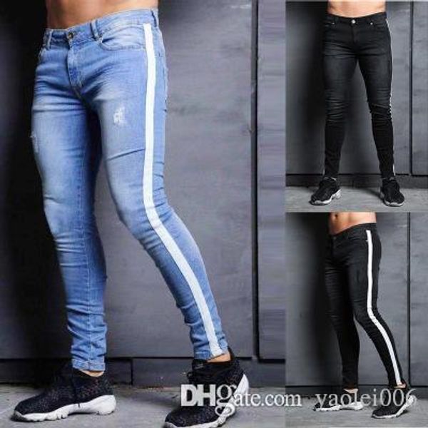 

2019 european and american fashion feet jeans men's new trend knee hole explosion models denim pants, Blue