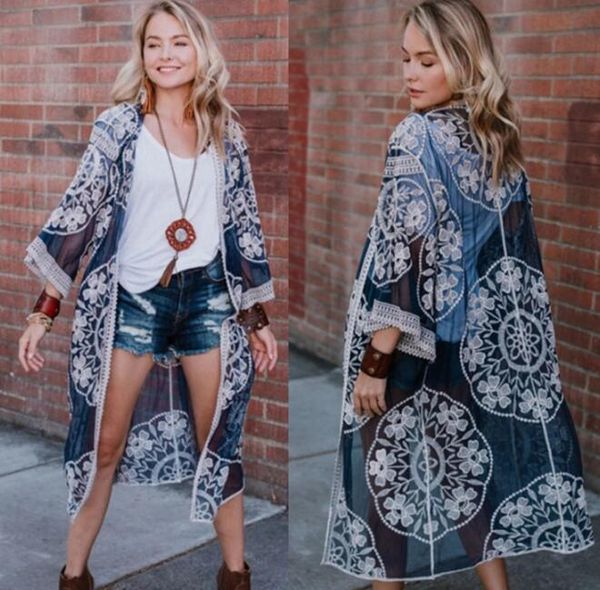 

2020 women summer beach bikini bathing suit crochet lace floral embroidery cover-ups swimwear long cardigan blouse swimsuit kimono beachwear, White;black