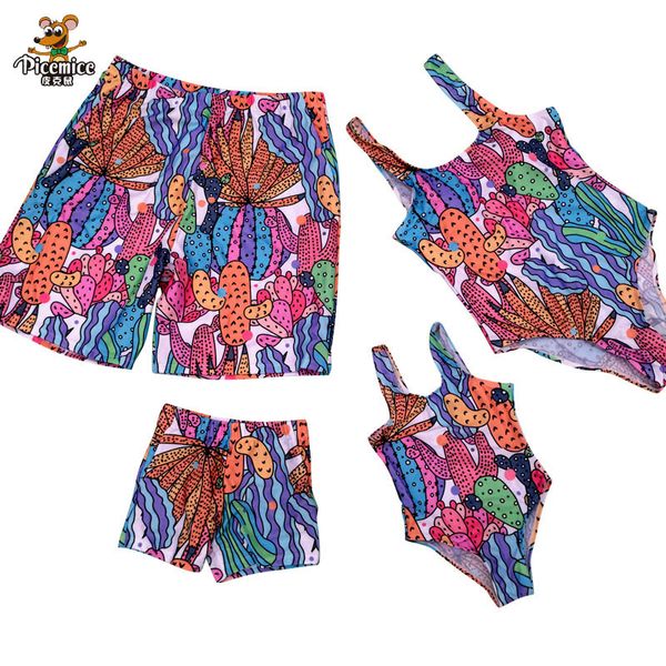 

family matching outfits look leaf swimsuits mother daughter swimwear father son swim shorts mommy dad and me bath suits clothes, Blue