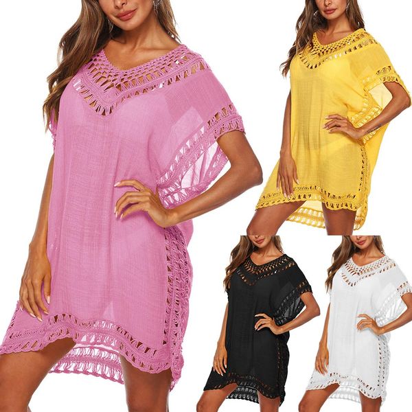 

newly women bikini swimsuit cover summer boho v-neck kaftan tunic hollow loose beach dress sd669, Blue;gray