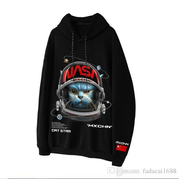

autumn winter european and american fashion nasa brand hip hop loose hoodies 19fw men's cotton cat astronaut printed hooded sweatshirts, Black