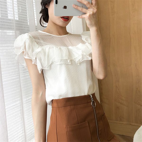 

women summer silk blouse o neck short sleeve sweet casual natural silk blouses real shirt dots with ruffles, White